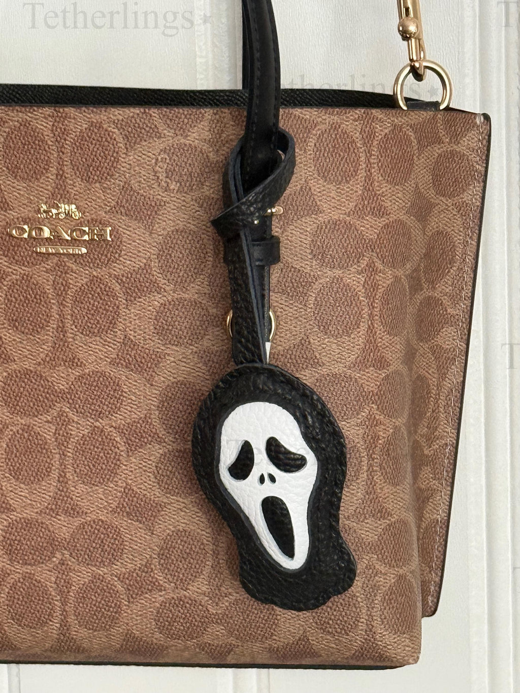 Ghost Face Halloween Leather Charm, Handmade Bag Purse Backpack Key Chain