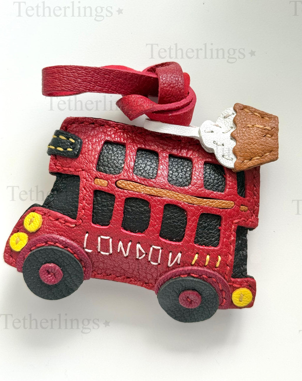 Red London Bus Leather Charm, Handmade Bag Purse Backpack Key Chain