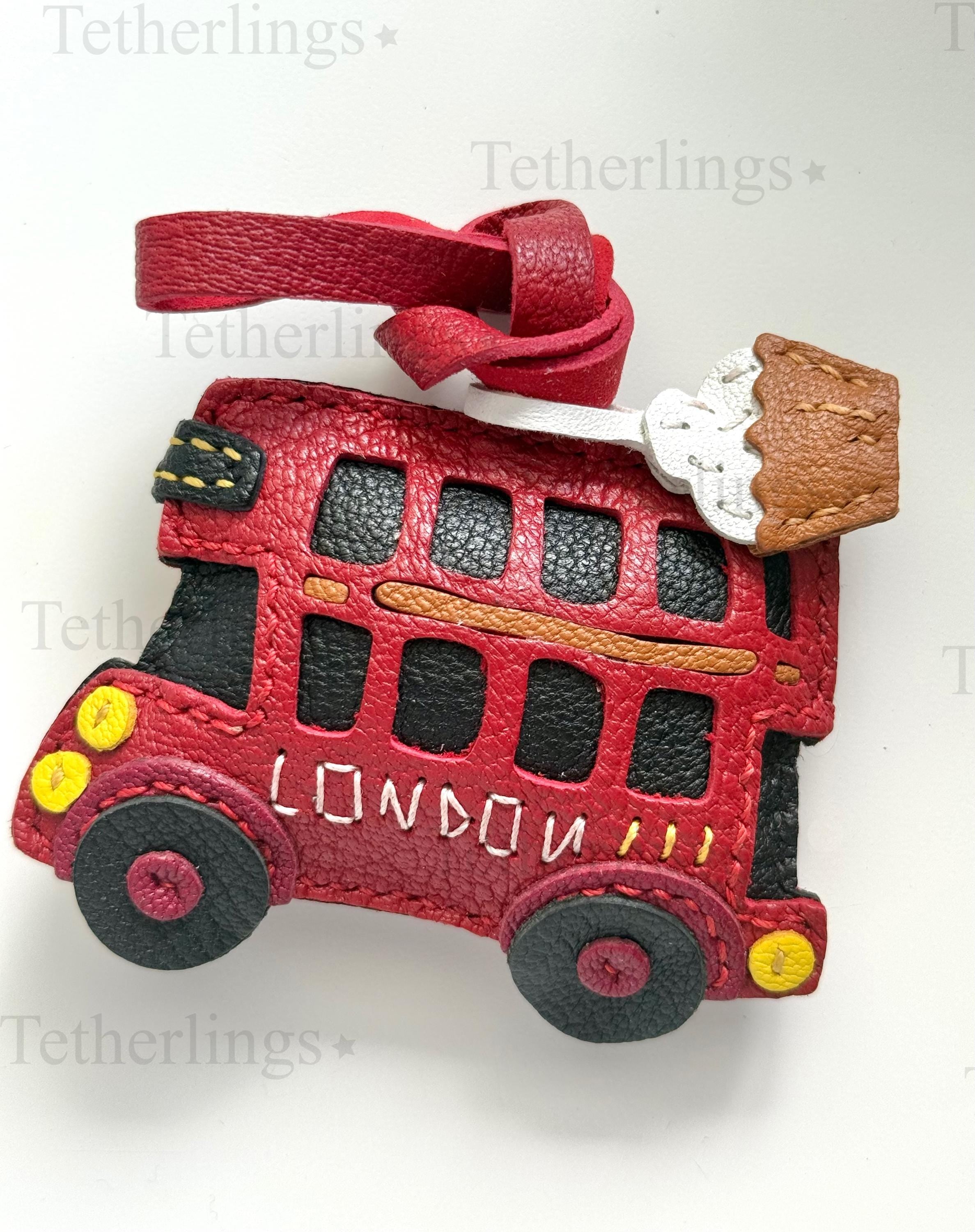 Red London Bus Leather Charm, Handmade Bag Purse Backpack Key Chain