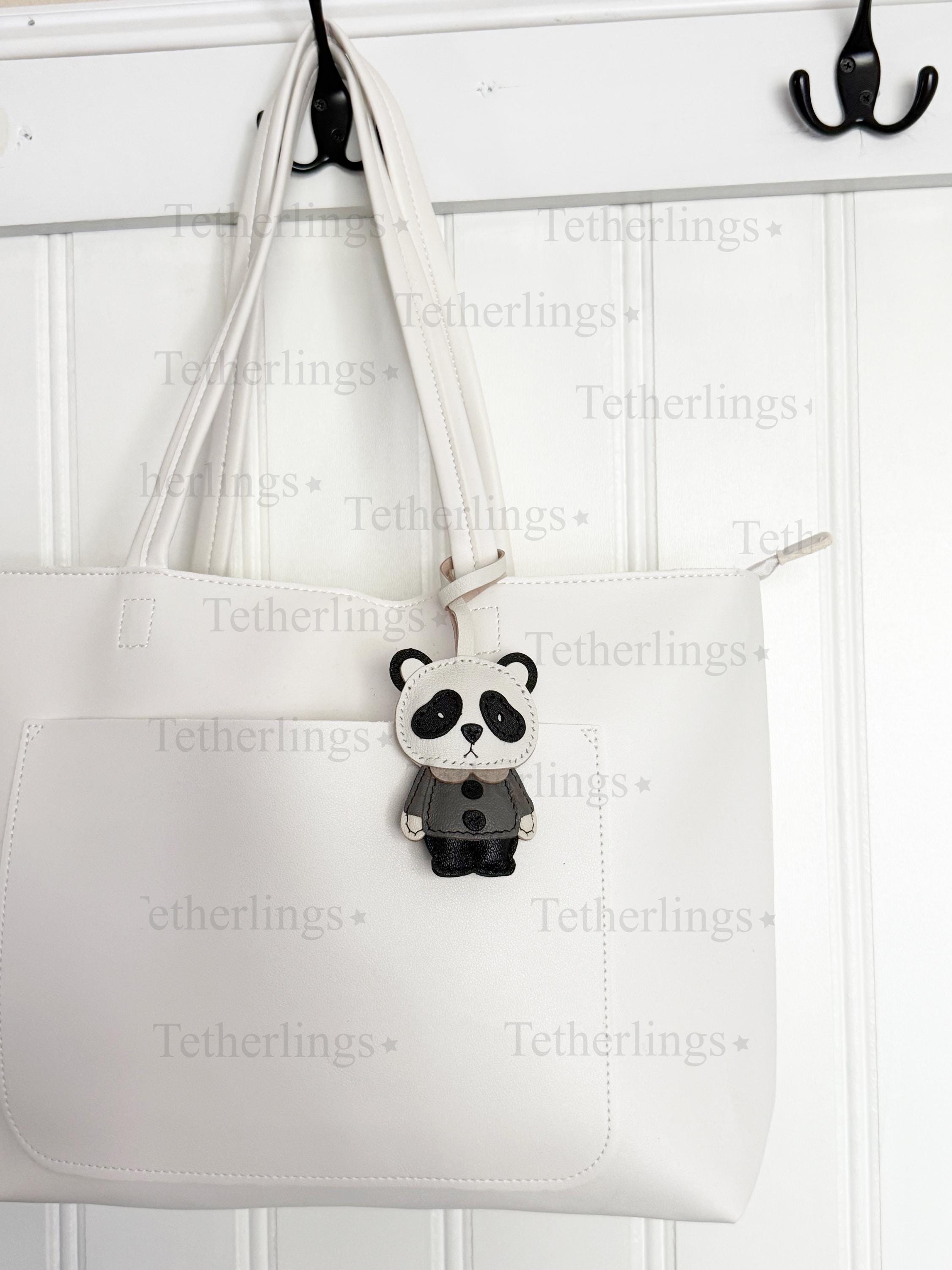Cute Panda Bear Genuine Leather bag Charm, Handmade Backpack Purse Pendant