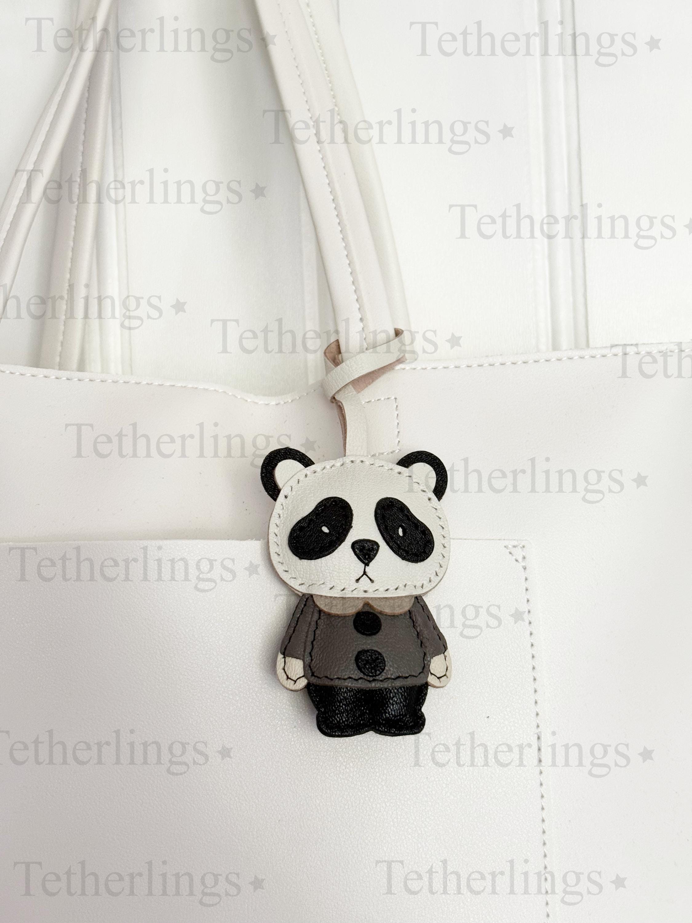 Cute Panda Bear Genuine Leather bag Charm, Handmade Backpack Purse Pendant