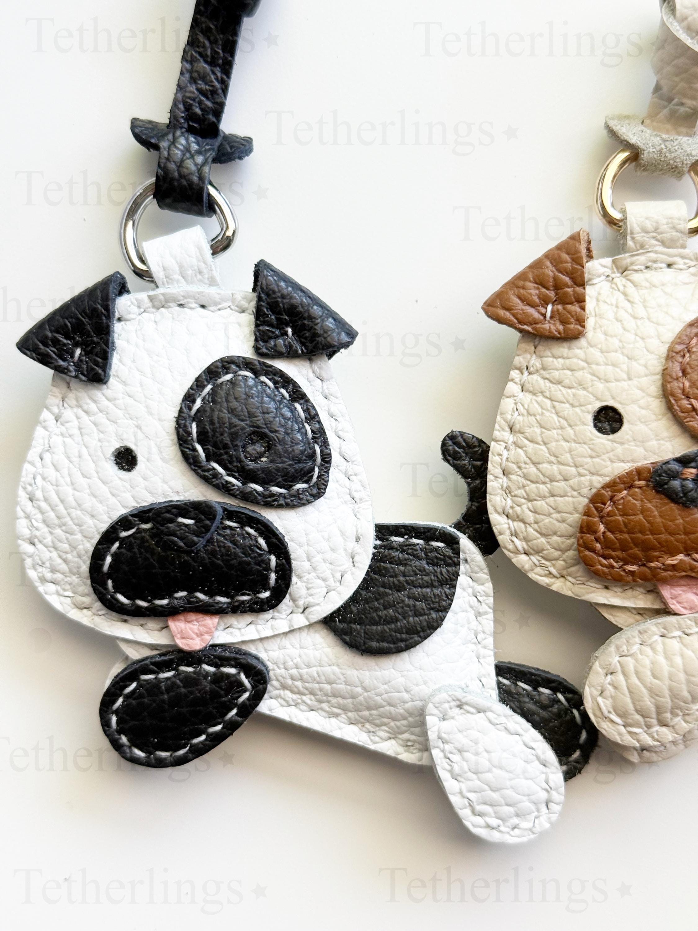 Cute Spotted Puppy Dog Black and White or Brown Leather Charm, Handmade Bag Purse Backpack Key Chain