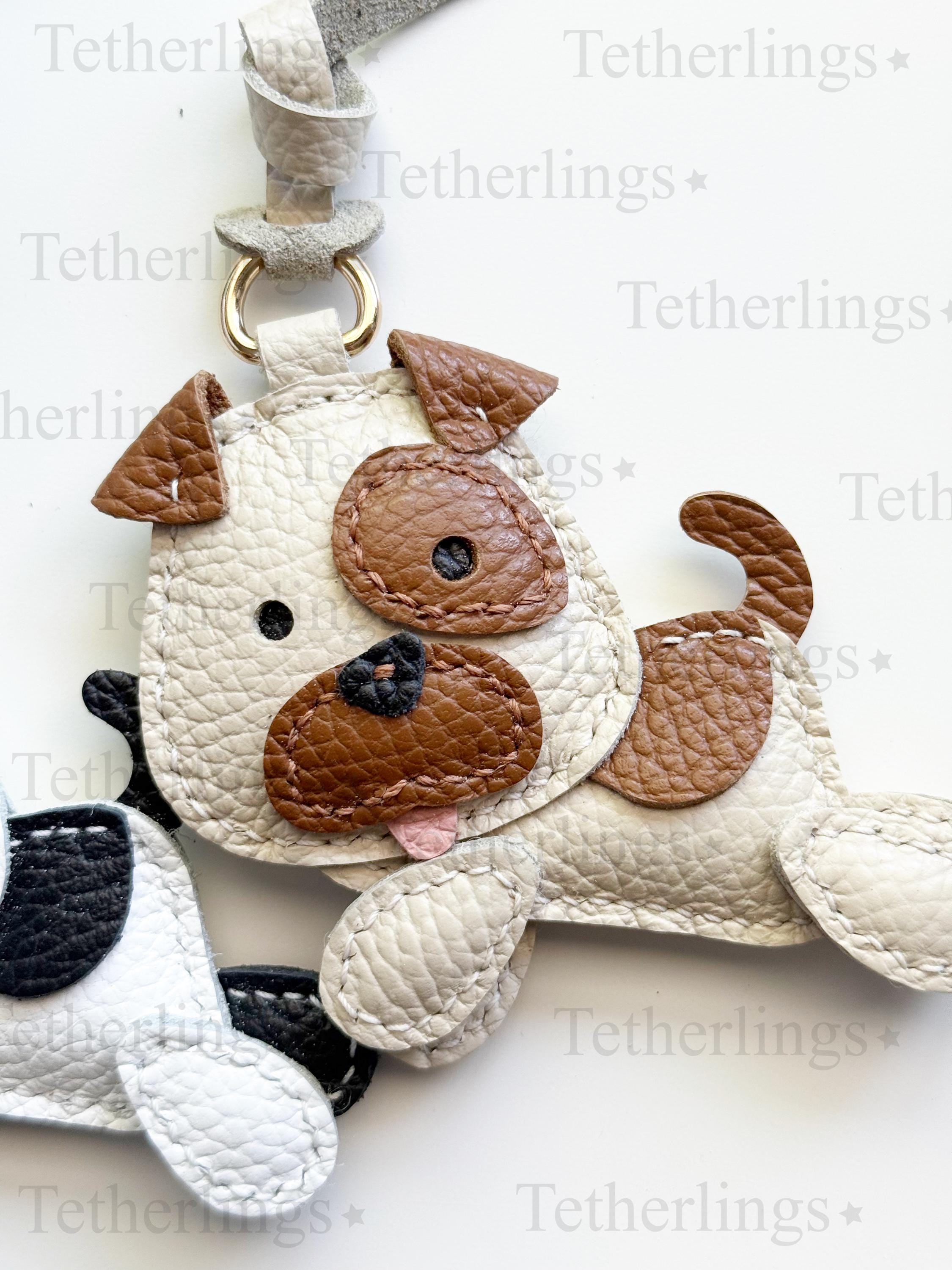 Cute Spotted Puppy Dog Black and White or Brown Leather Charm, Handmade Bag Purse Backpack Key Chain