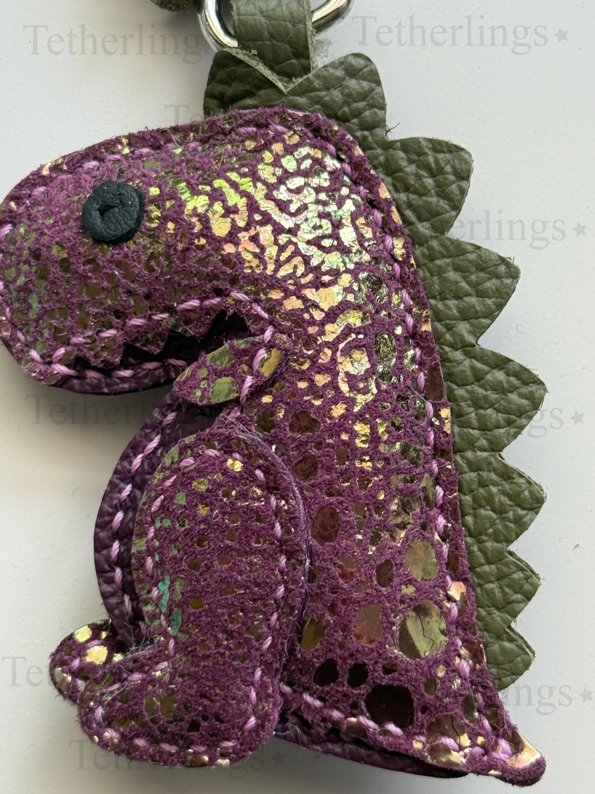 EXCLUSIVE Color! Plum Thistle Rexling Dinosaur Genuine Leather Charm, Handmade Bag Purse Backpack Key Chain
