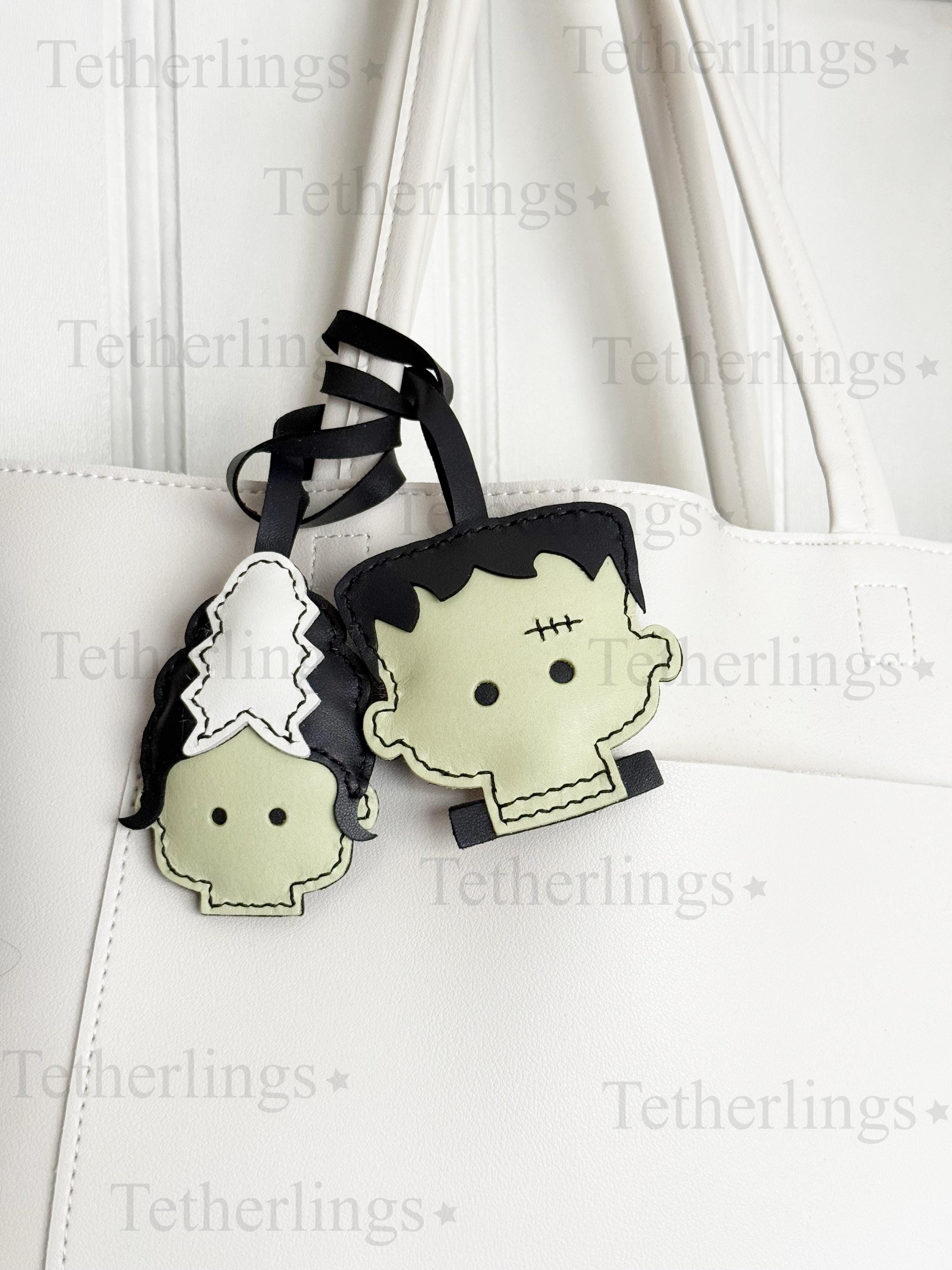 Frankling & Bride Bag Pendant | Handmade Leather Halloween Bag Keychain | Gothic Purse Charm | Cute Monster Keychain