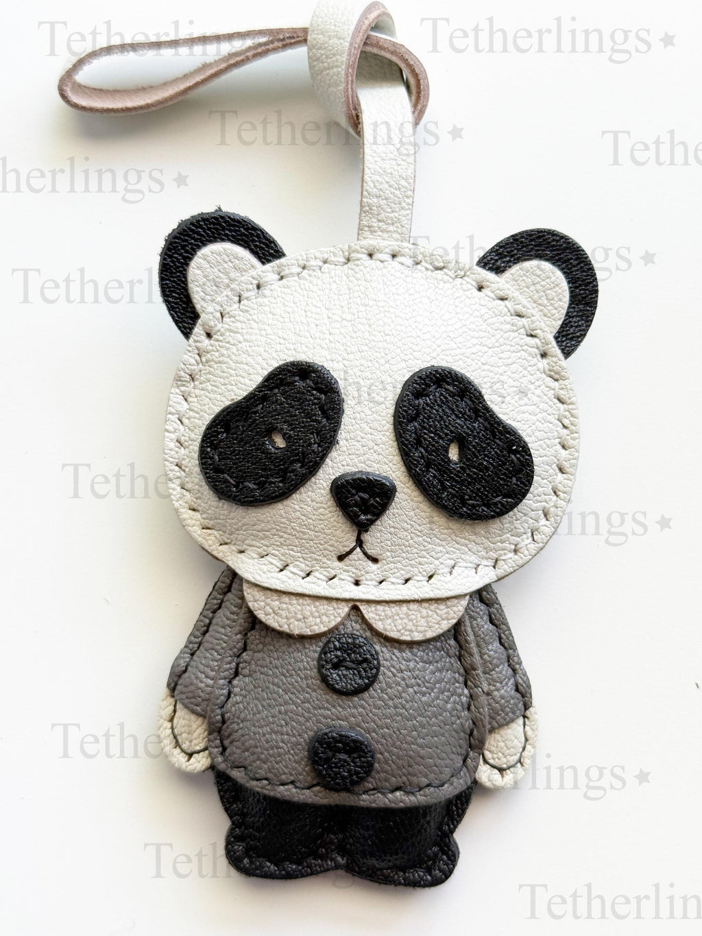 Cute Panda Bear Genuine Leather bag Charm, Handmade Backpack Purse Pendant