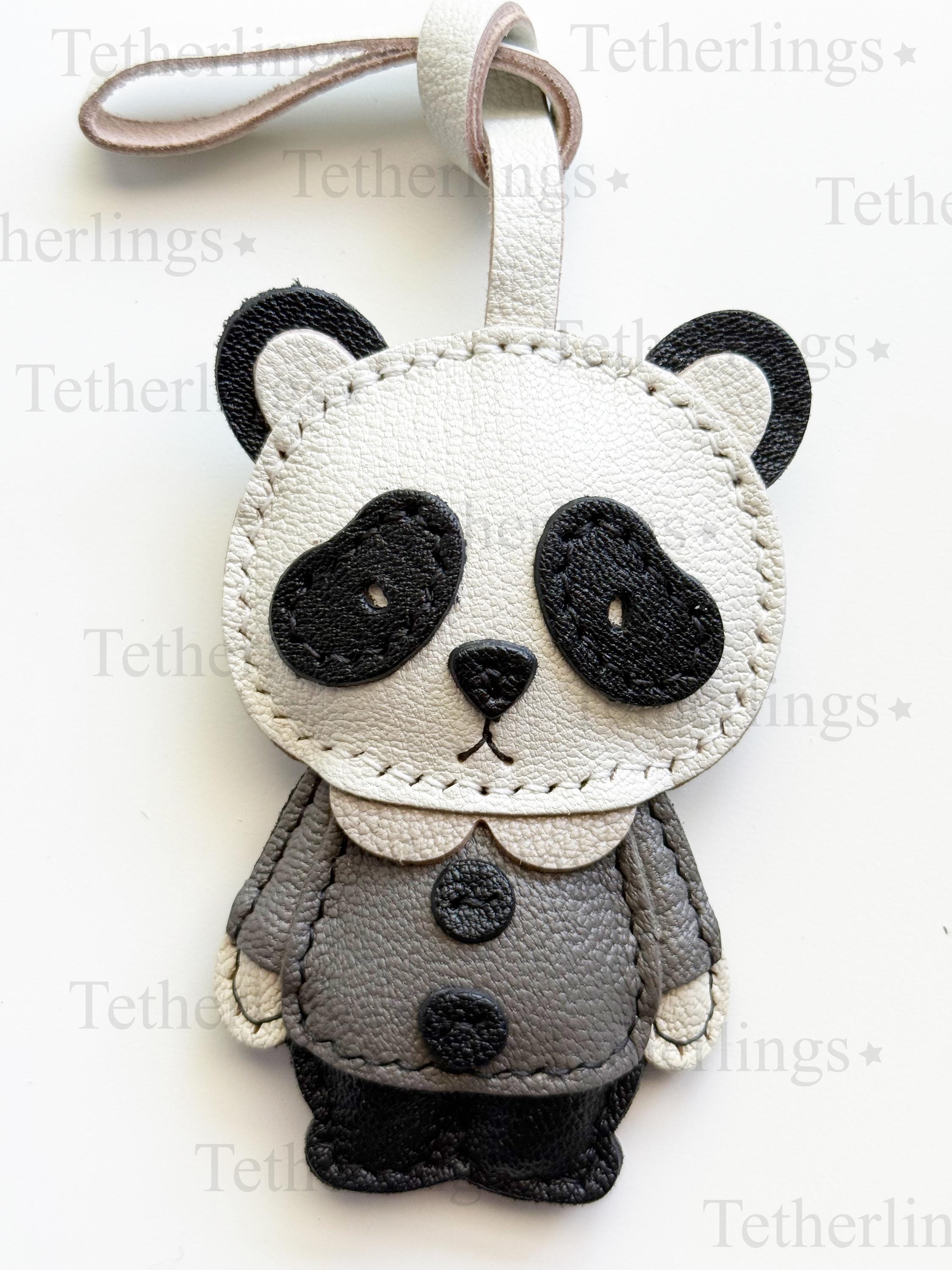 Cute Panda Bear Genuine Leather bag Charm, Handmade Backpack Purse Pendant