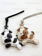 Cute Spotted Puppy Dog Black and White or Brown Leather Charm, Handmade Bag Purse Backpack Key Chain