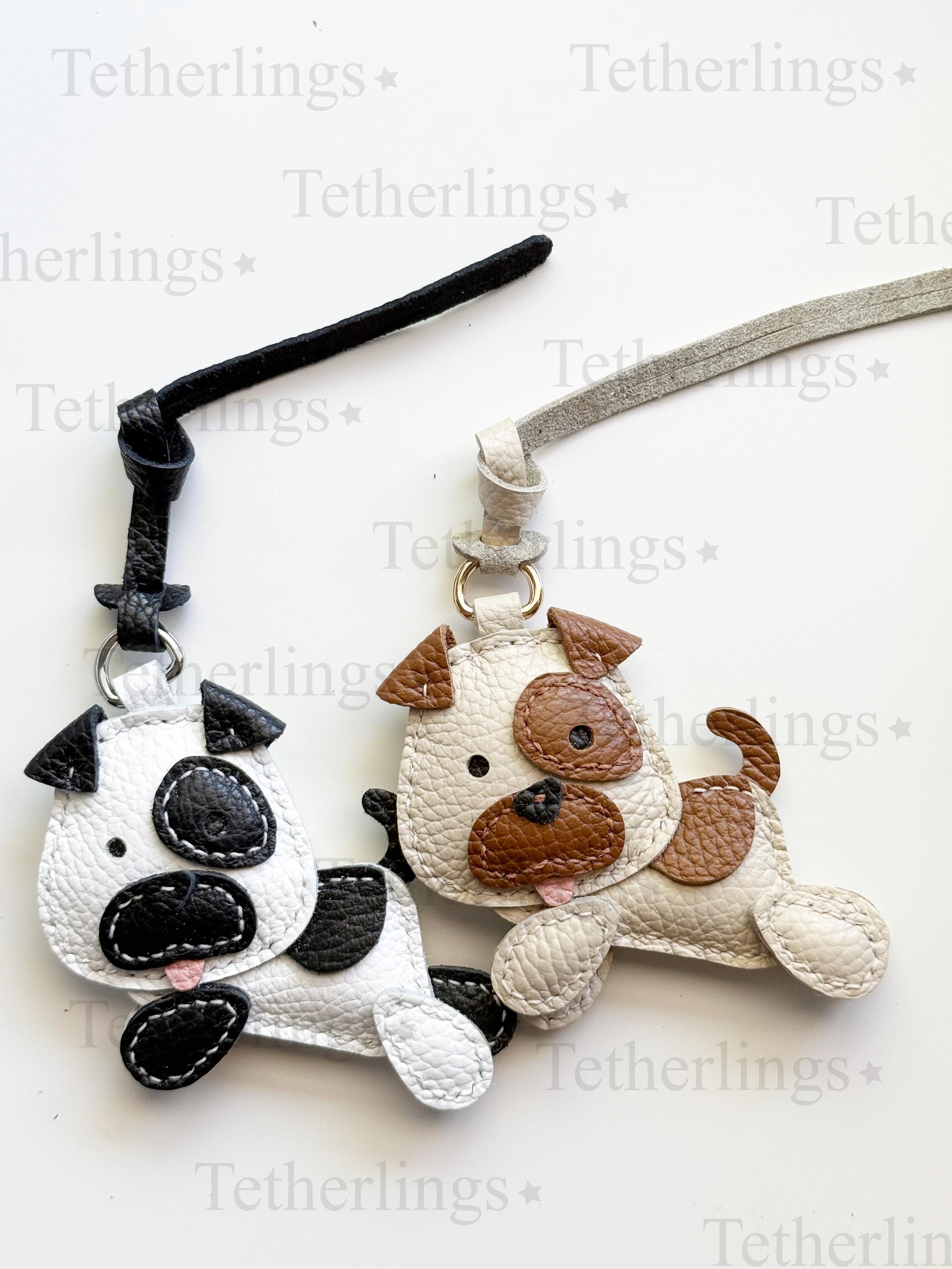Cute Spotted Puppy Dog Black and White or Brown Leather Charm, Handmade Bag Purse Backpack Key Chain