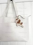 Cute Spotted Puppy Dog Black and White or Brown Leather Charm, Handmade Bag Purse Backpack Key Chain
