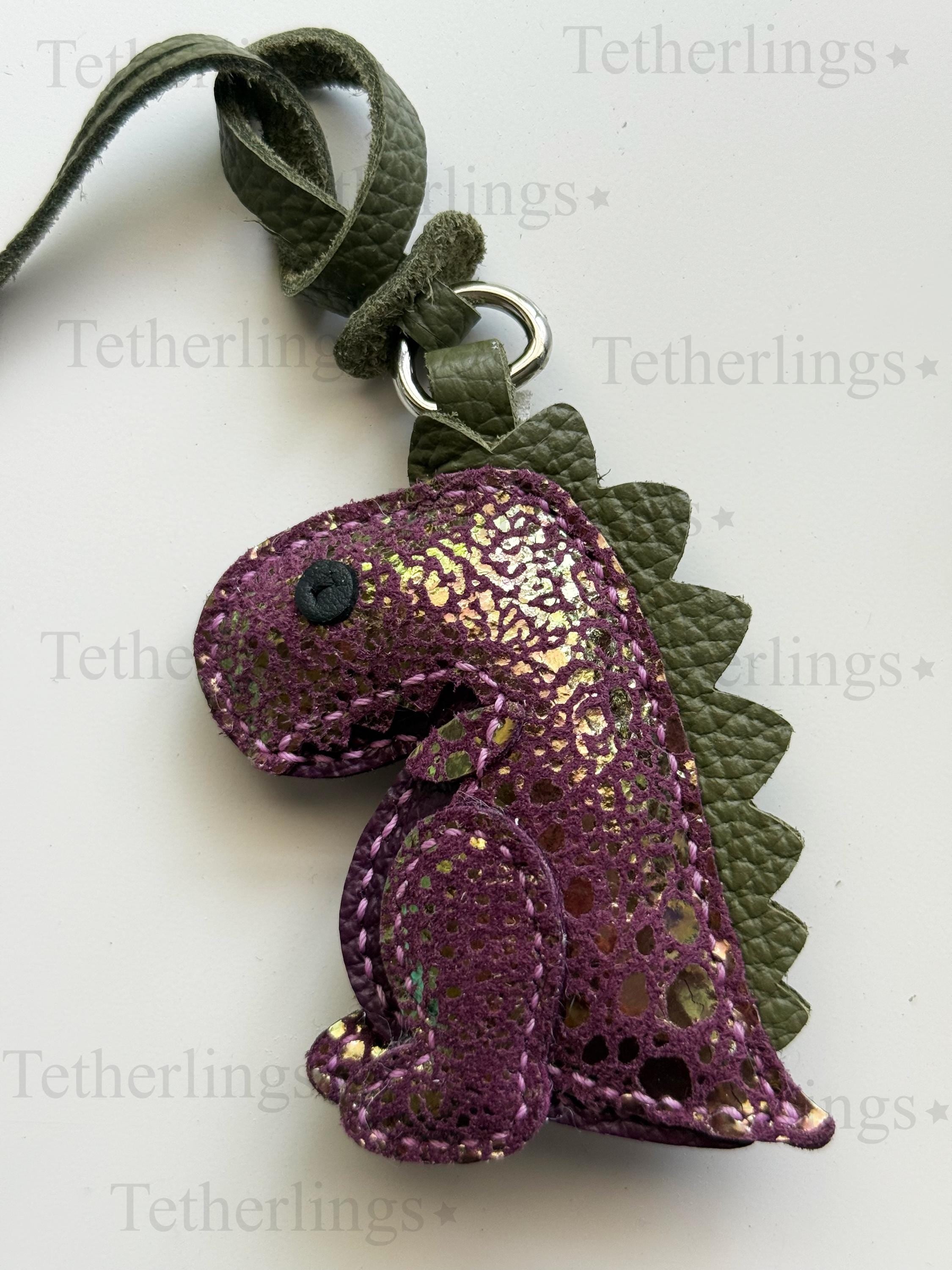 EXCLUSIVE Color! Plum Thistle Rexling Dinosaur Genuine Leather Charm, Handmade Bag Purse Backpack Key Chain