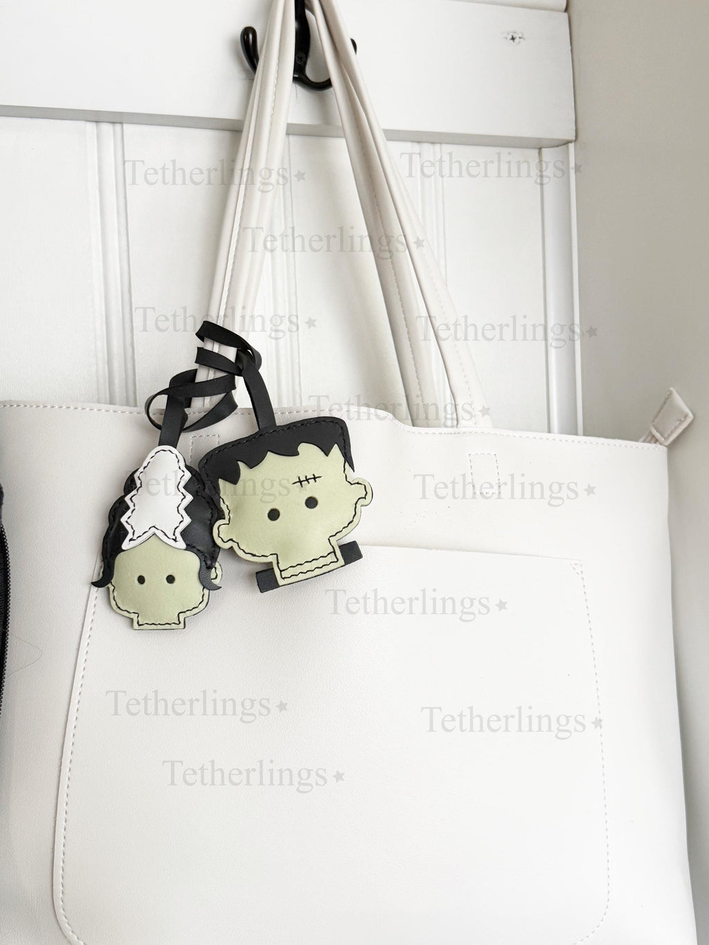 Frankling & Bride Bag Pendant | Handmade Leather Halloween Bag Keychain | Gothic Purse Charm | Cute Monster Keychain
