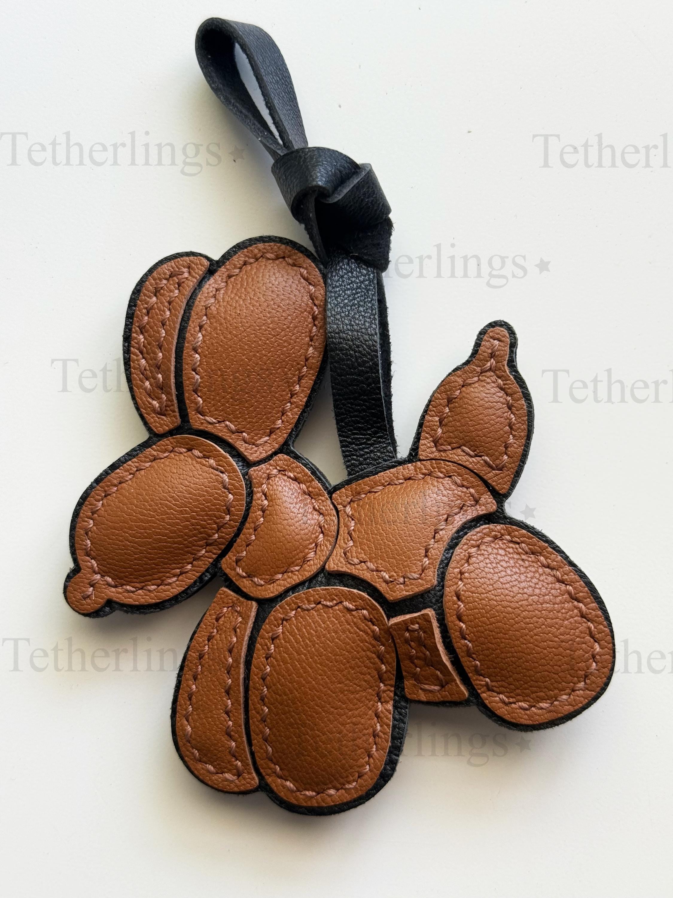 Brown Balloon Dogs Genuine Leather Charm, Handmade Bag Purse Backpack Key Chain