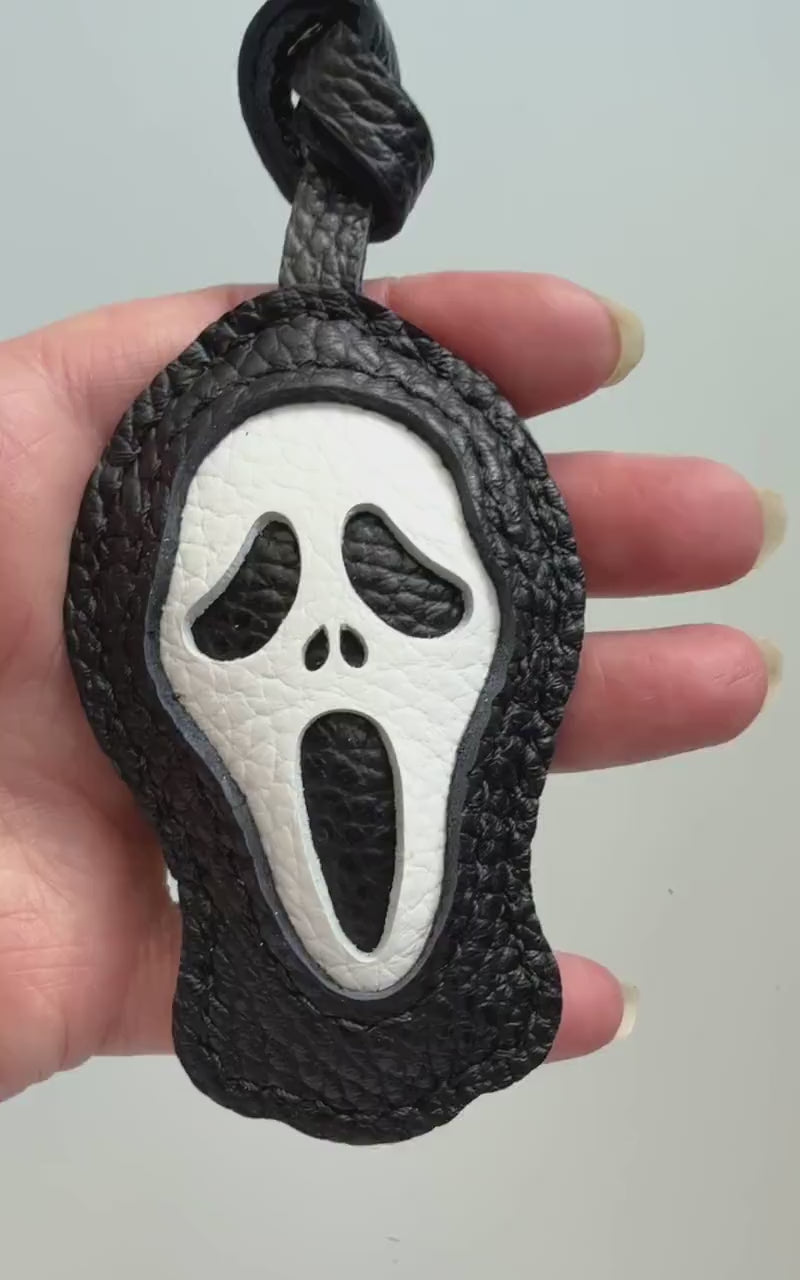 Ghost Face Halloween Leather Charm, Handmade Bag Purse Backpack Key Chain