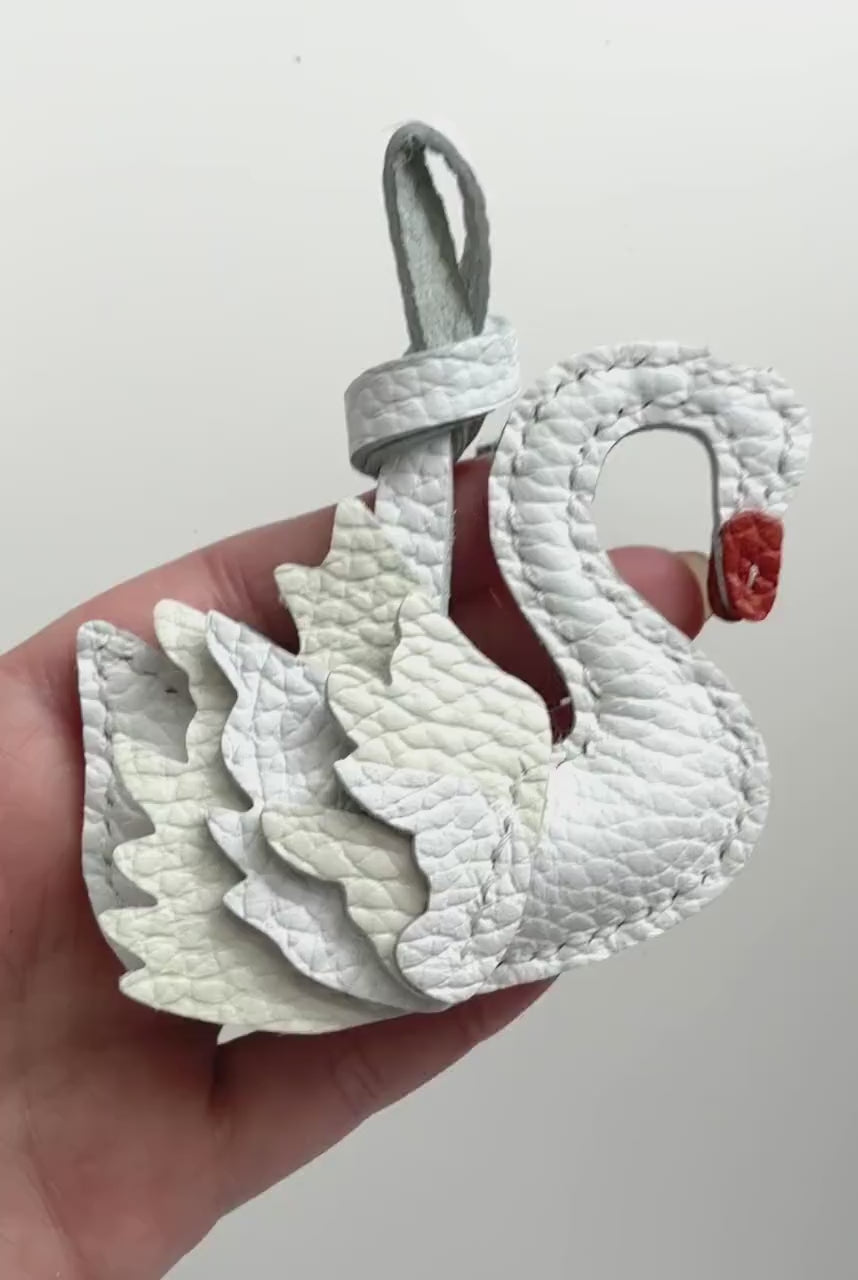 Swan Black White Genuine Cowhide Leather Charm, Handmade Bag Purse Backpack Key Chain