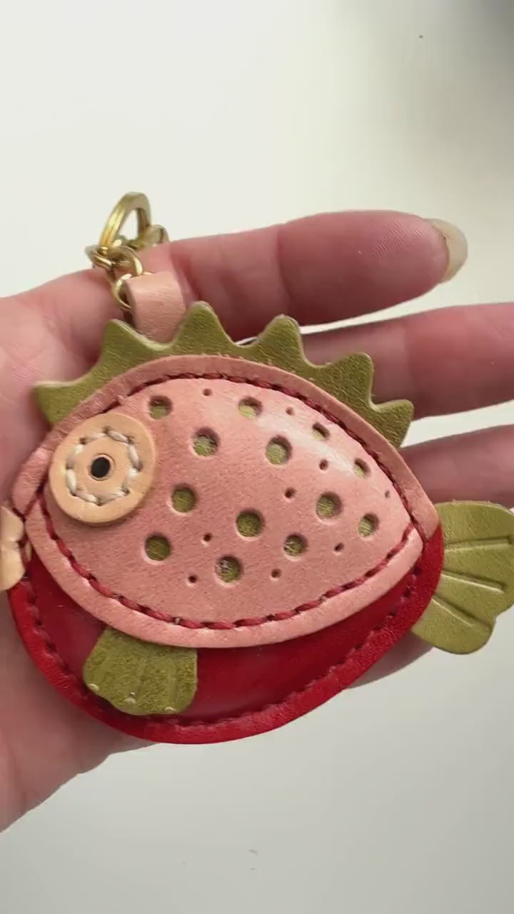 Puffer fish Tropical Genuine Cowhide Leather Charm, Handmade Bag Purse Backpack Key Chain