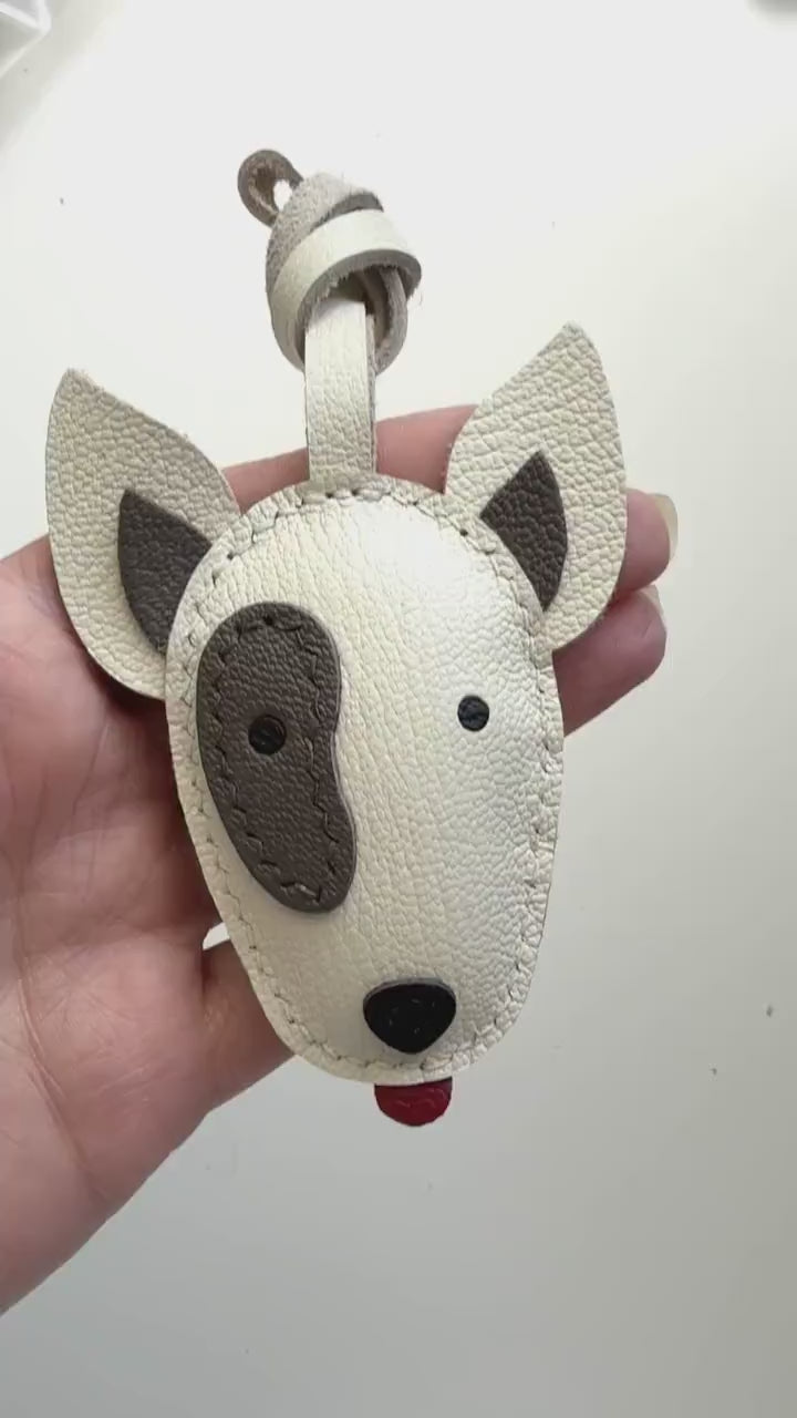 Bull Terrier Dog Leather Charm, Handmade Bag Purse Backpack Key Chain
