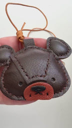 Brown Grizzly Bear Genuine Sheepskin Leather Charm, Handmade Bag Purse Backpack Key Chain