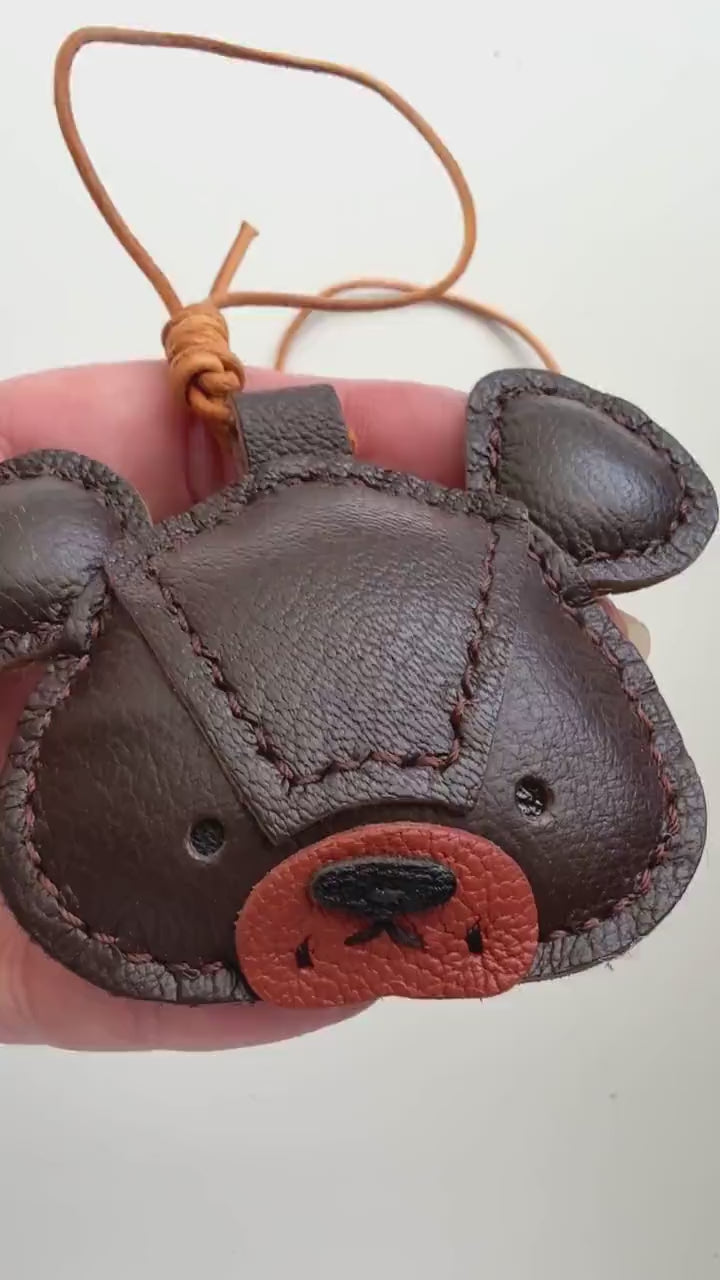 Brown Grizzly Bear Genuine Sheepskin Leather Charm, Handmade Bag Purse Backpack Key Chain