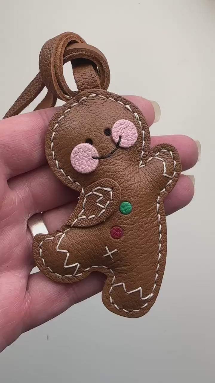 Gingerbread Man Christmas Cookie Handmade Genuine Leather Bag Charm
