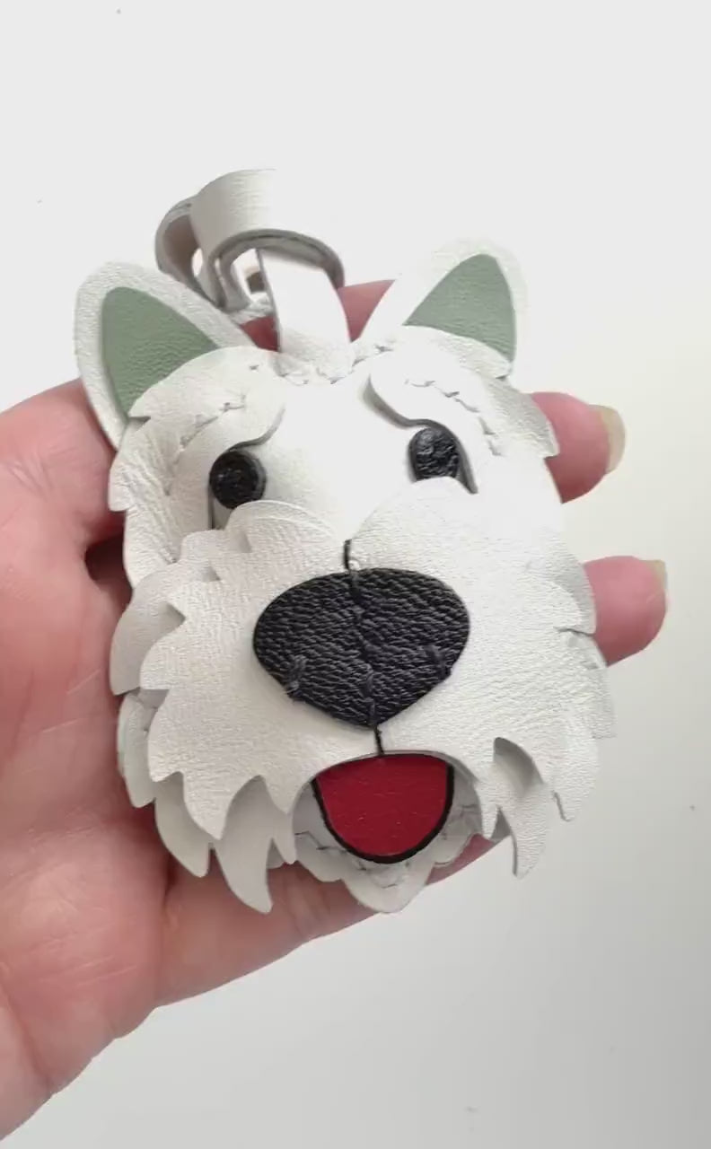Schnauzer Puppy Dog Genuine Sheepskin Leather Charm, Handmade Bag Purse Backpack Key Chain