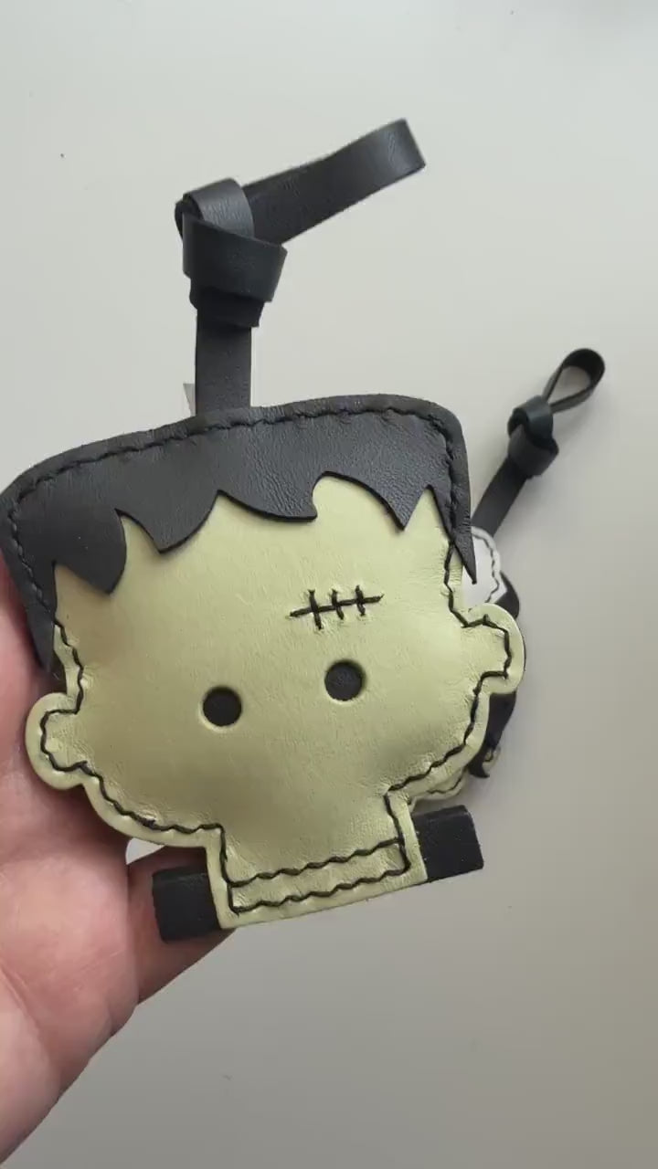 Frankling & Bride Bag Pendant | Handmade Leather Halloween Bag Keychain | Gothic Purse Charm | Cute Monster Keychain
