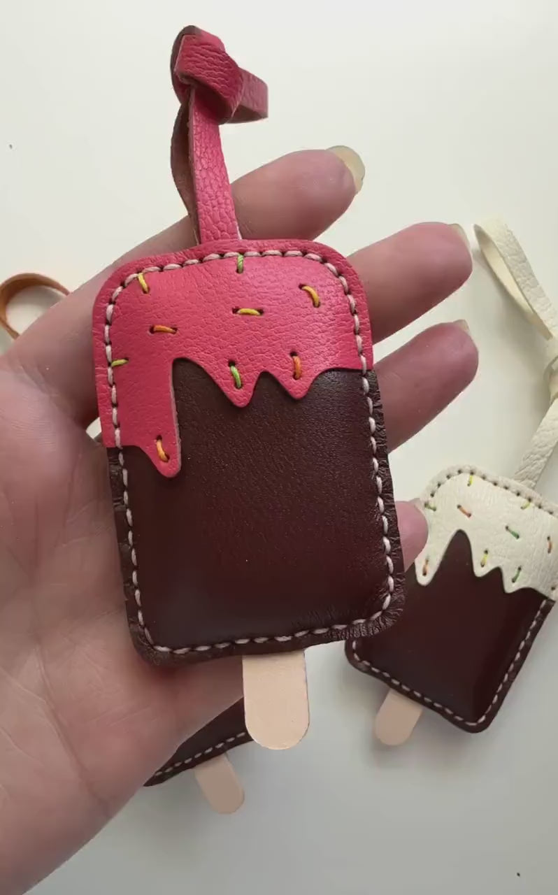 Popsicle Ice Cream Genuine Leather Charm, Handmade Bag Purse Backpack Key Chain