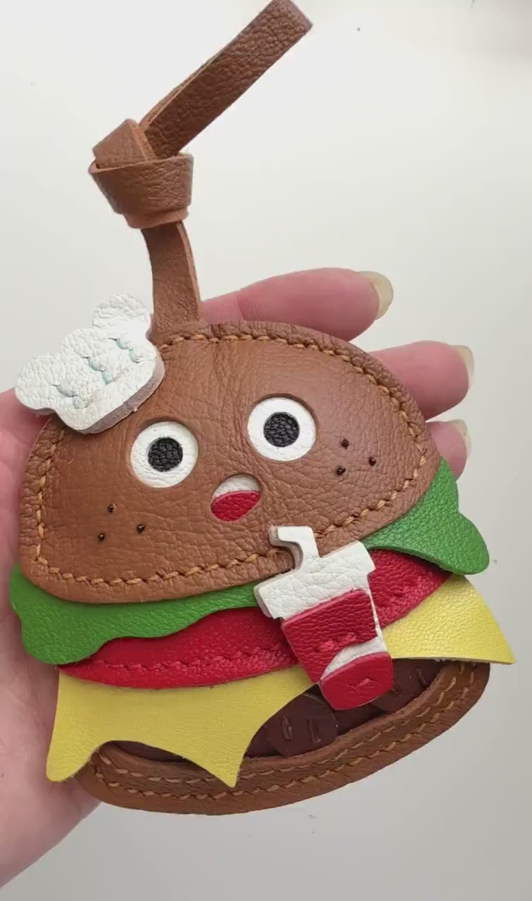 Silly Cheeseburger and Fries Genuine Sheepskin Leather Charm, Handmade Bag Purse Backpack Key Chain