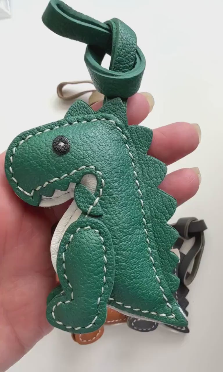 T-Rex Dino Dinosaur Genuine Leather Charm, Handmade Bag Purse Backpack Key Chain