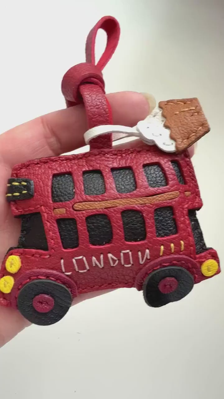 Red London Bus Leather Charm, Handmade Bag Purse Backpack Key Chain