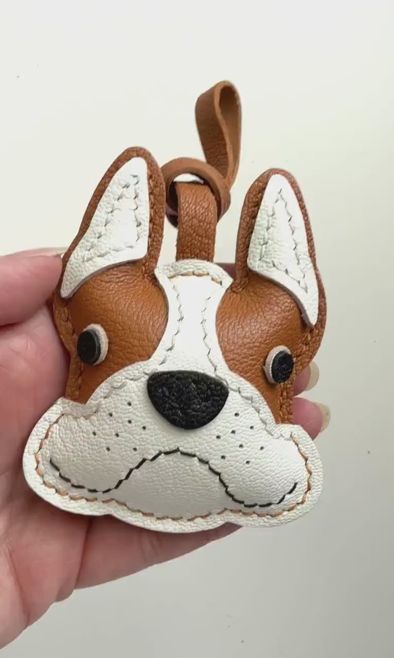 French Bulldog Brown Fawn Leather Charm, Handmade Bag Purse Backpack Key Chain