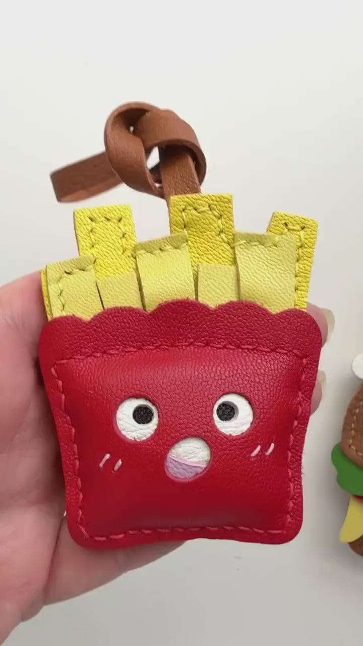 Silly Cheeseburger and Fries Genuine Sheepskin Leather Charm, Handmade Bag Purse Backpack Key Chain