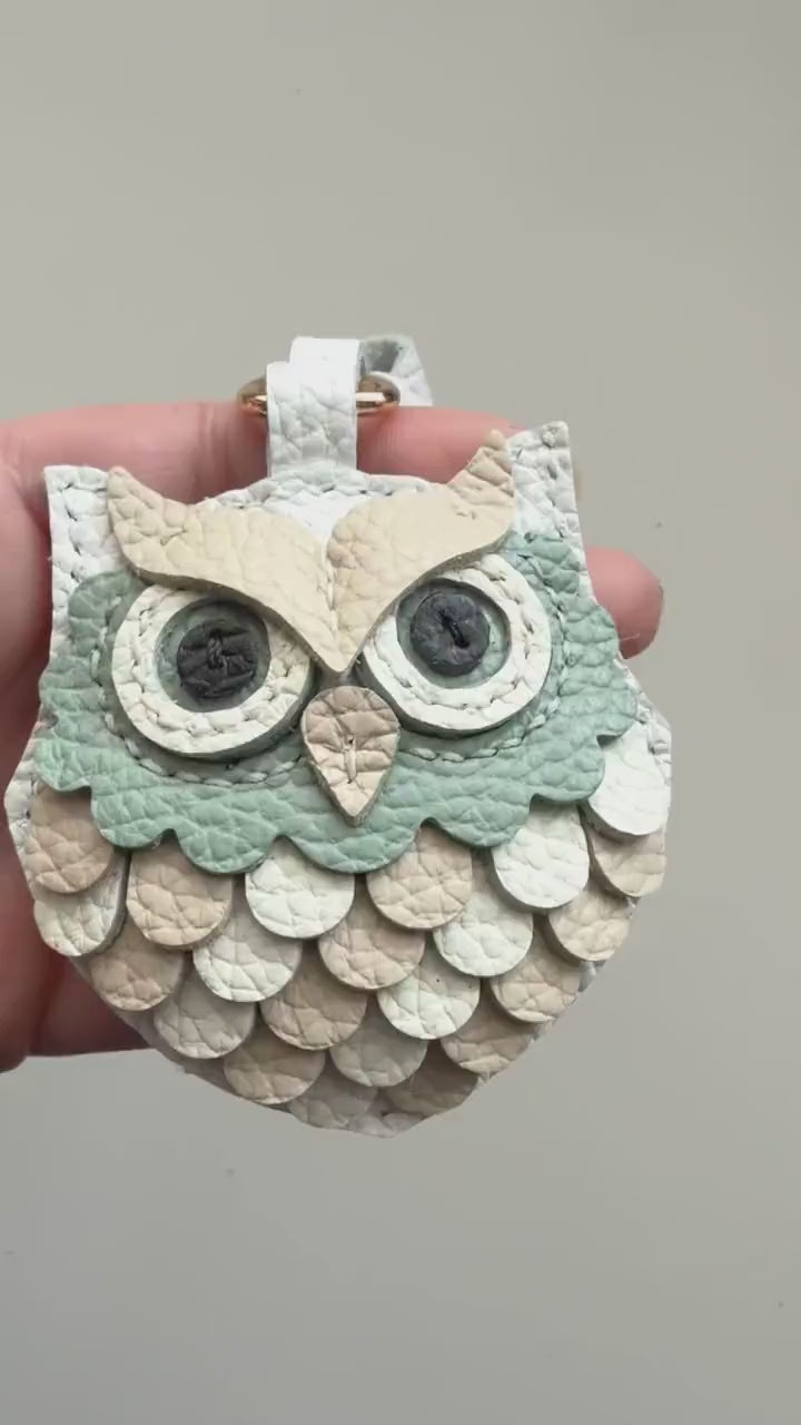 Snow Owl Genuine Leather Charm, Handmade Bag Purse Backpack Key Chain