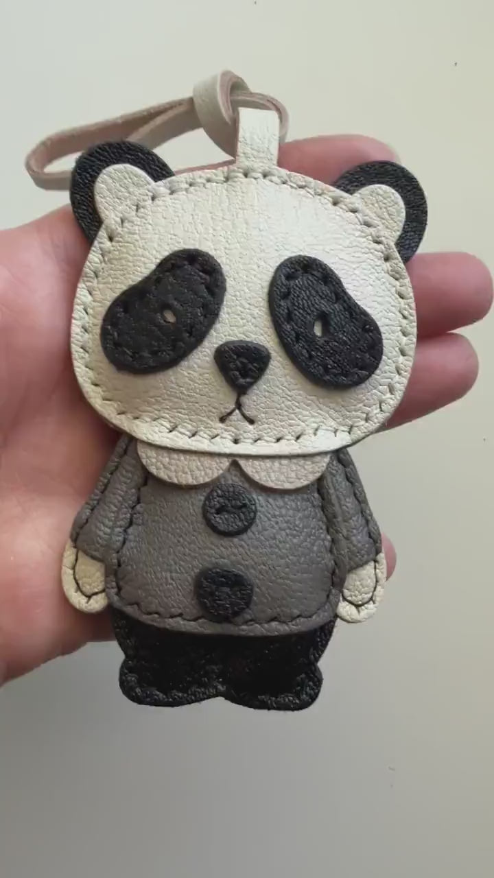 Cute Panda Bear Genuine Leather bag Charm, Handmade Backpack Purse Pendant