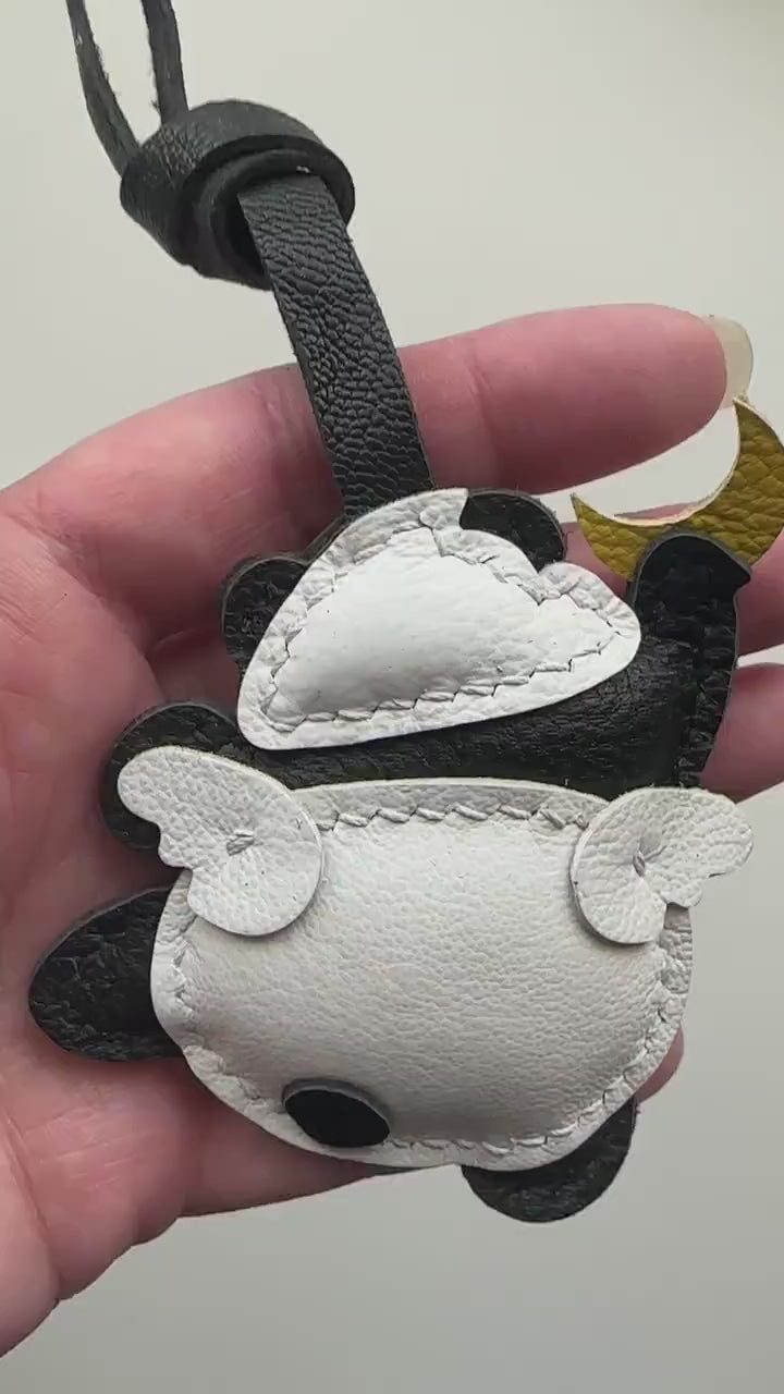 Cute Panda with wings Reaching for Moon Handmade Genuine Leather Bag Charm