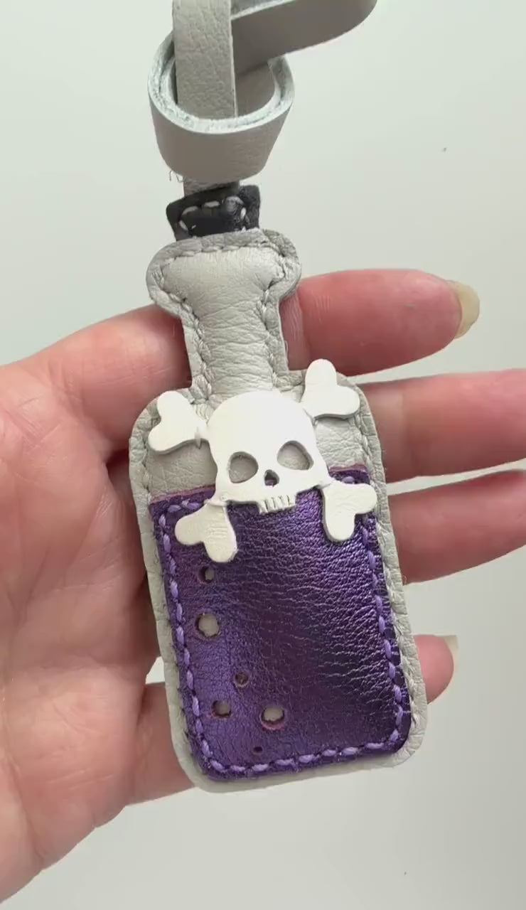 Purple Potion Bottle Halloween Leather Charm, Handmade Bag Purse Backpack Key Chain