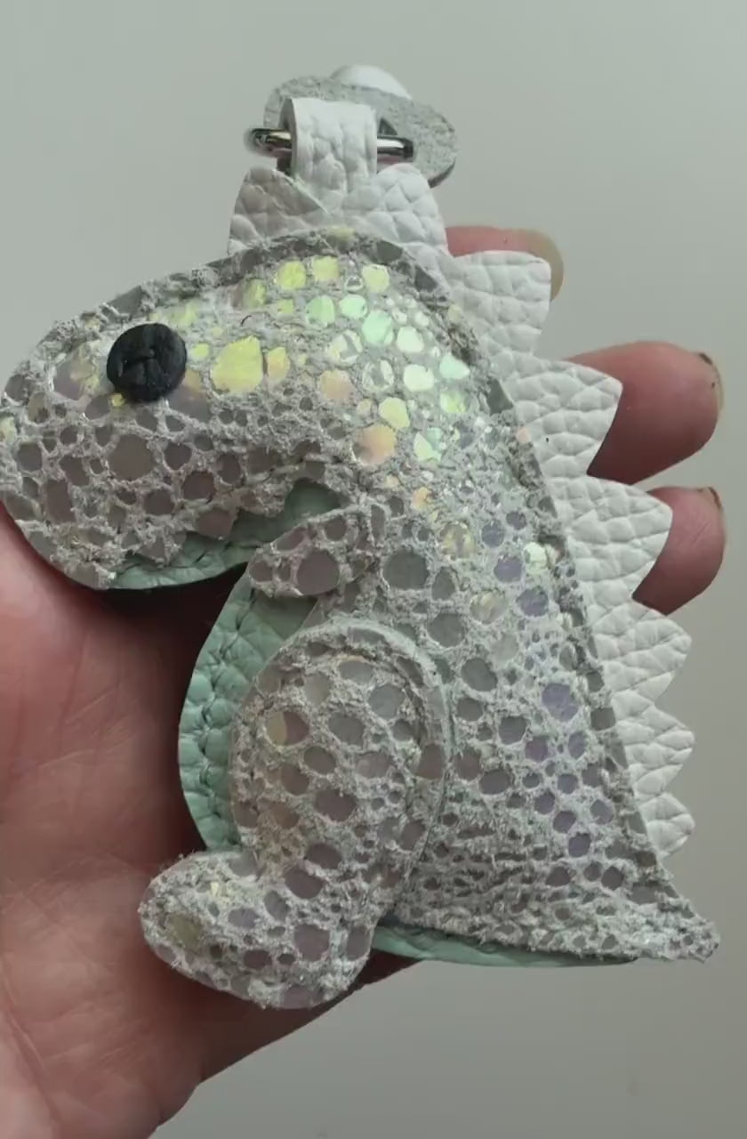 EXCLUSIVE Color! Opal Rexling Dinosaur Genuine Leather Charm, Handmade Bag Purse Backpack Key Chain