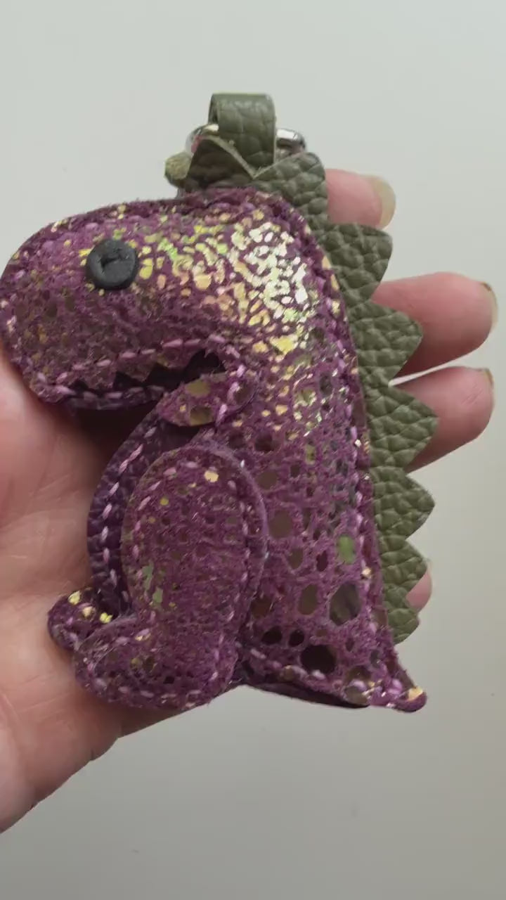 EXCLUSIVE Color! Plum Thistle Rexling Dinosaur Genuine Leather Charm, Handmade Bag Purse Backpack Key Chain